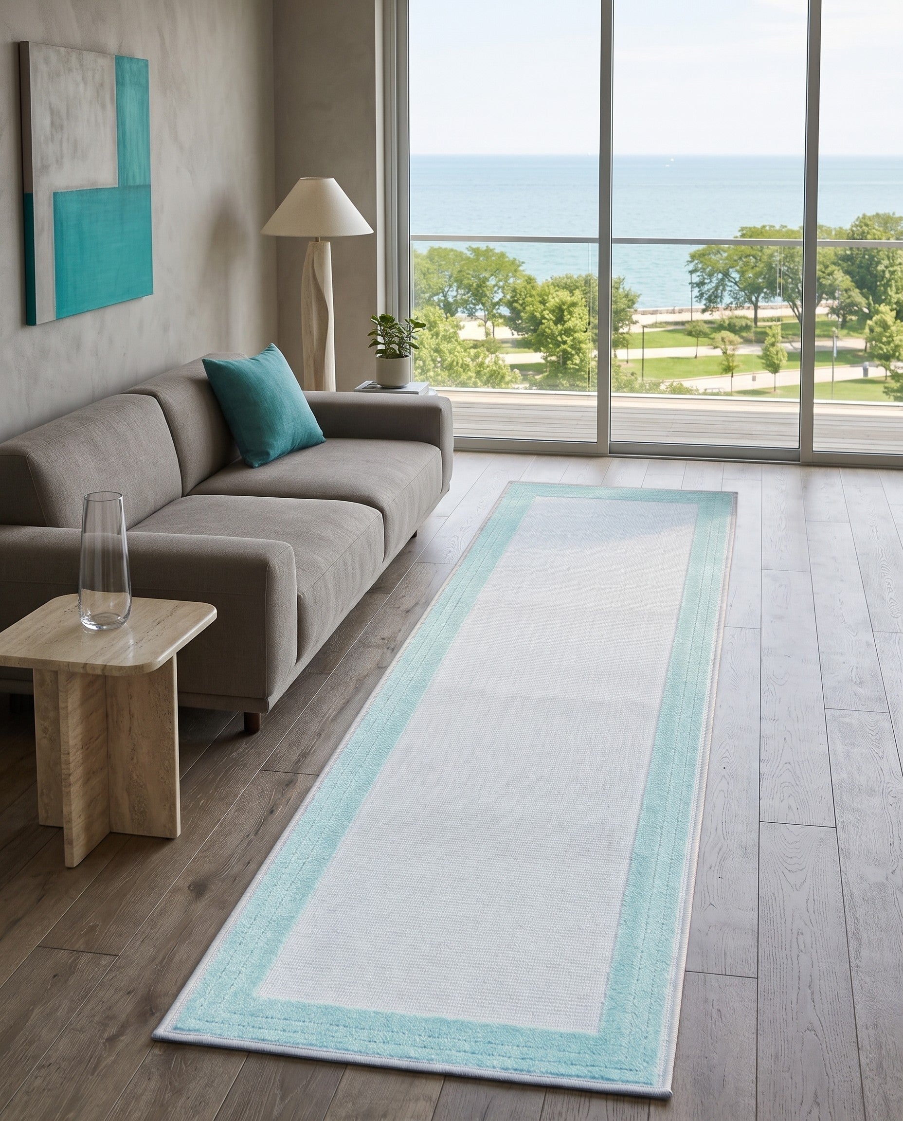 Gray Teal Easy-Clean Aruba Indoor / Outdoor Runner Rug