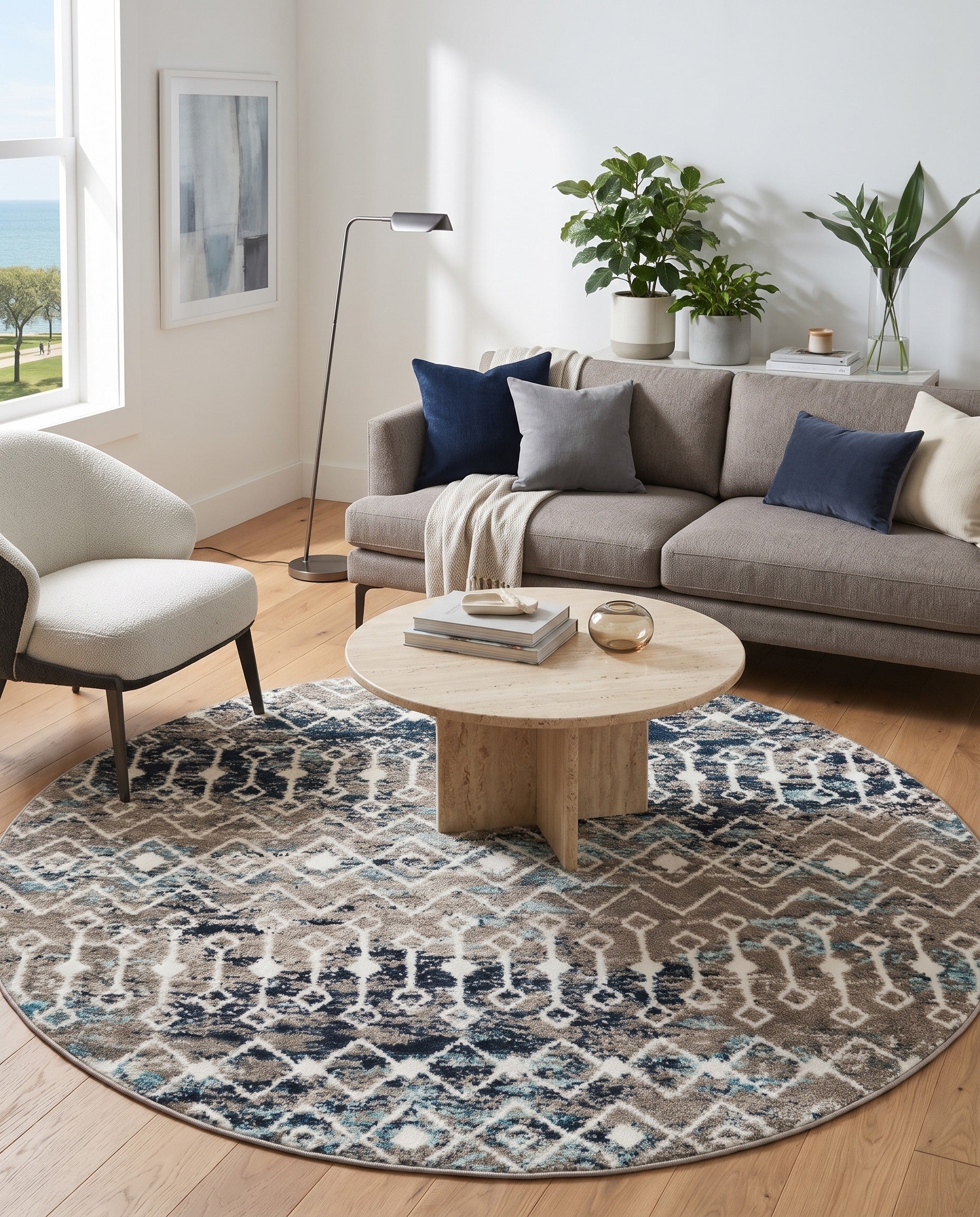 Multi Gray Blue Moroccan Trellis Round Rug