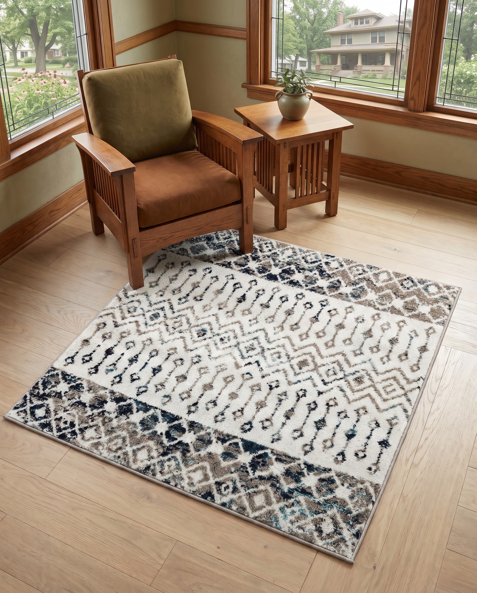 Ivory Gray Blue Moroccan Trellis Square Rug