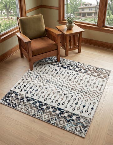 Ivory Gray Blue Moroccan Trellis Square Rug