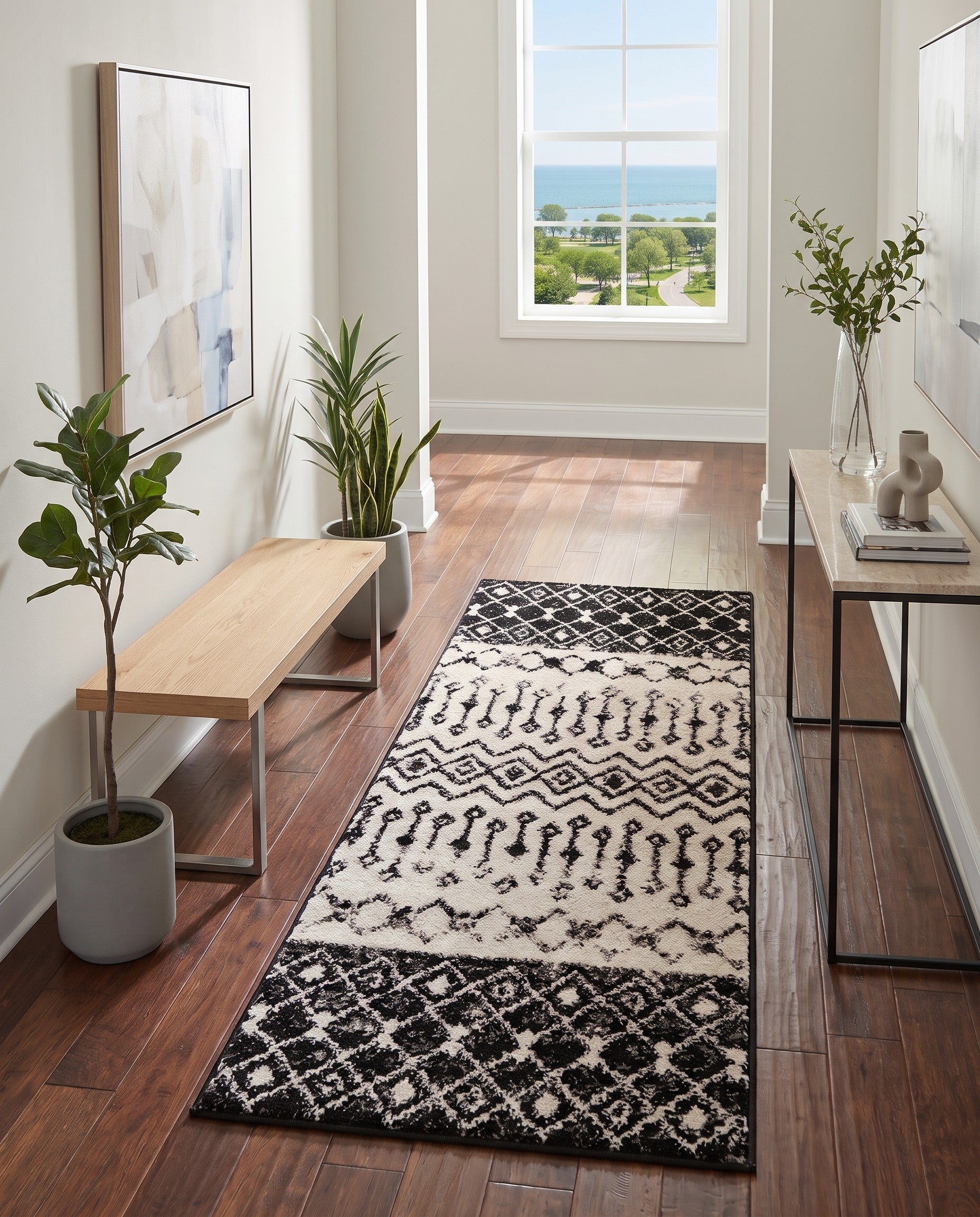 Black and White Moroccan Trellis Runner Rug