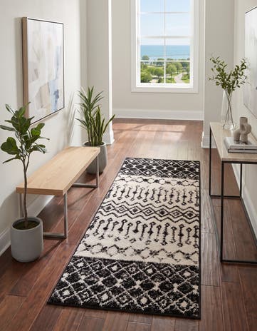 Black and White Moroccan Trellis Runner Rug
