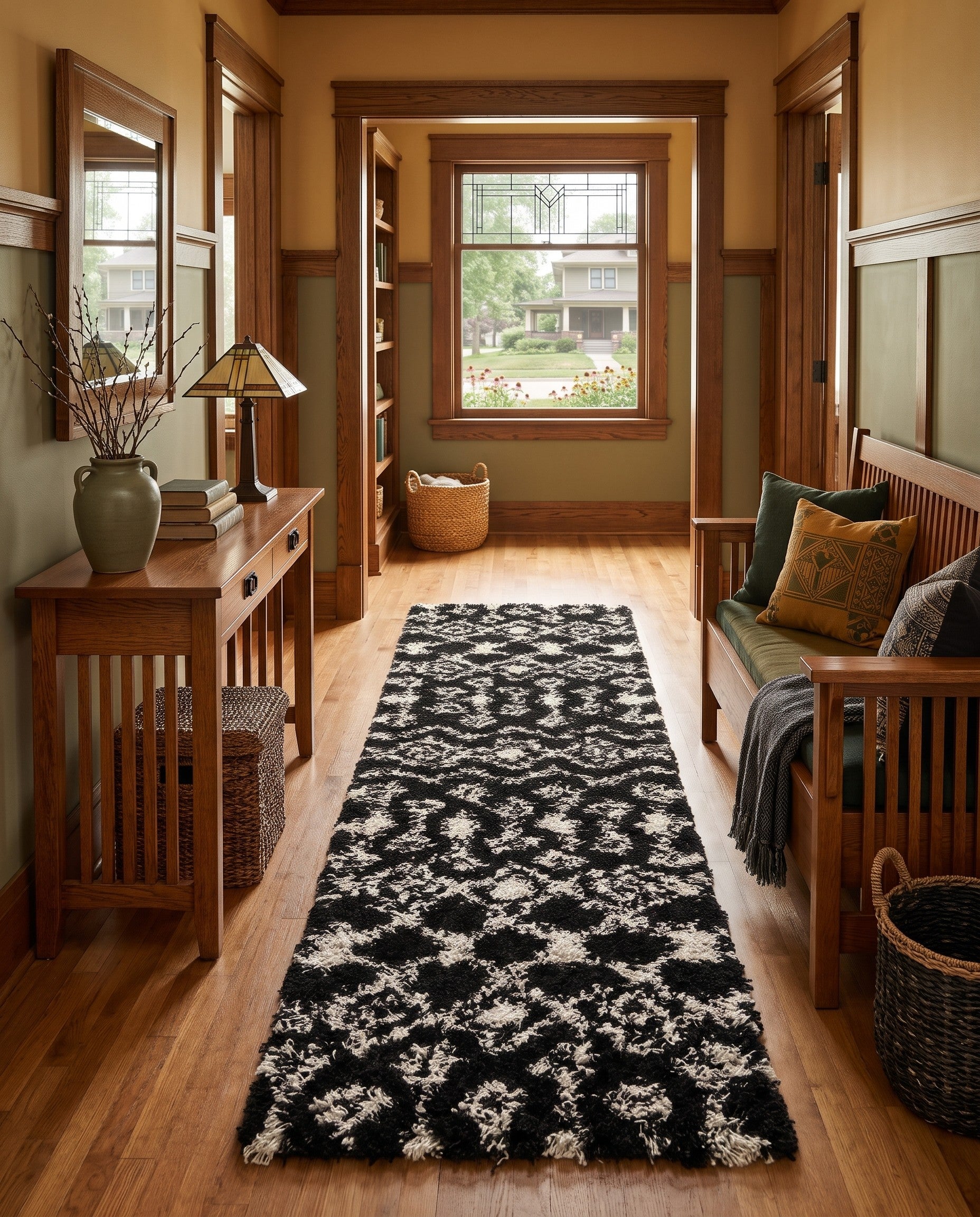 Black and White Moroccan Trellis Shag Runner Rug