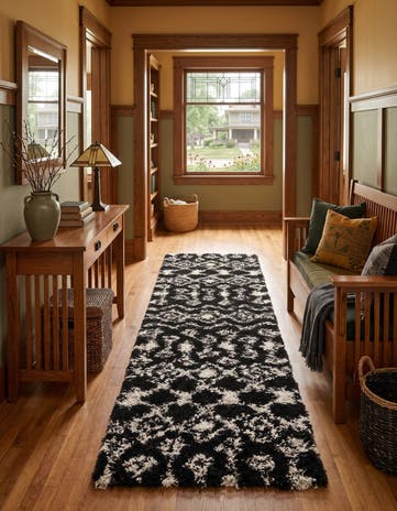 Black and White Moroccan Trellis Shag Runner Rug