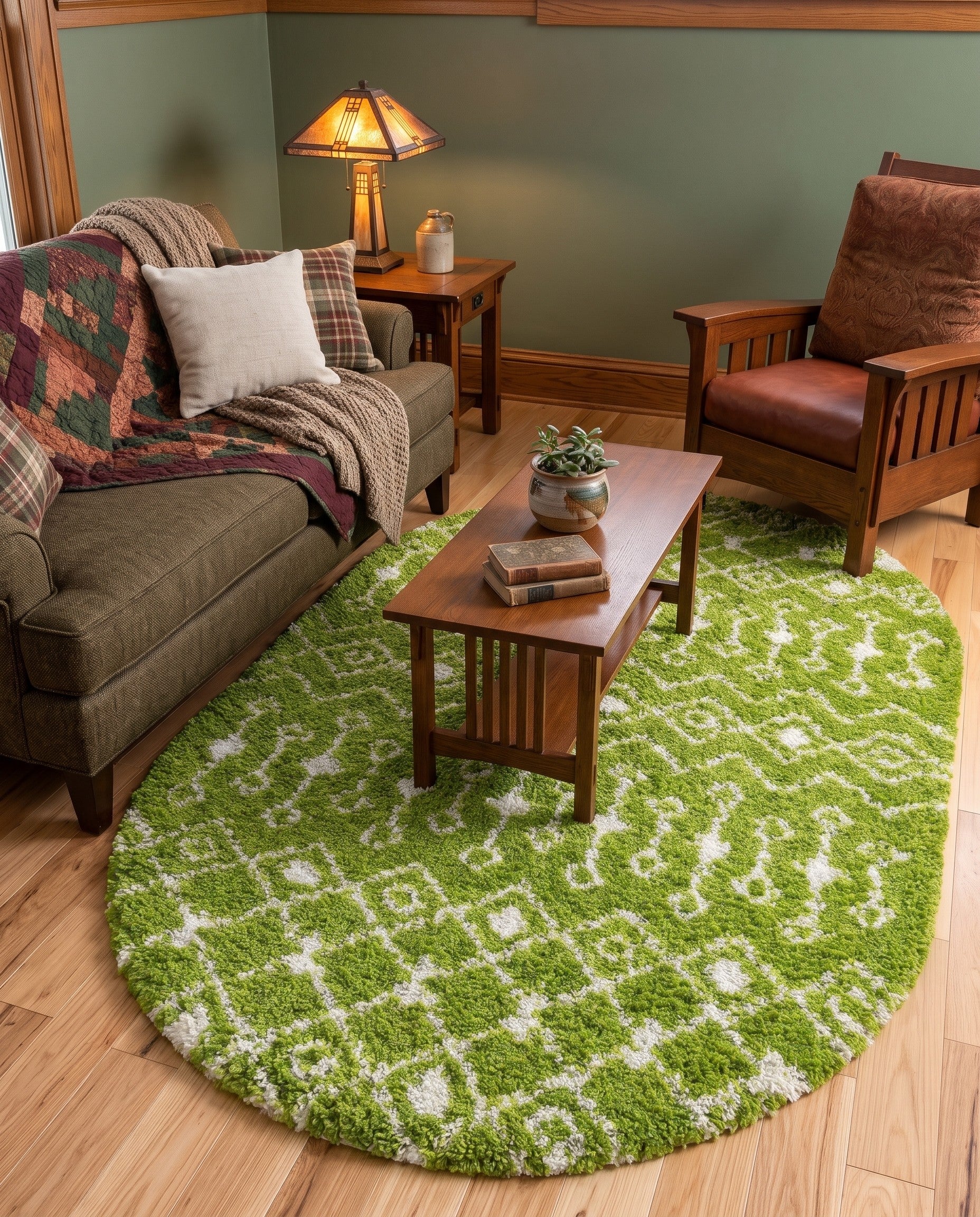 Green Moroccan Trellis Shag Oval Rug