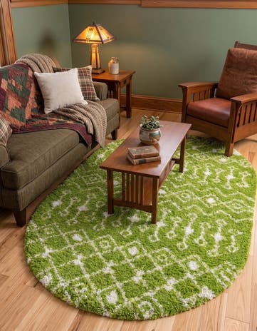 Green Moroccan Trellis Shag Oval Rug