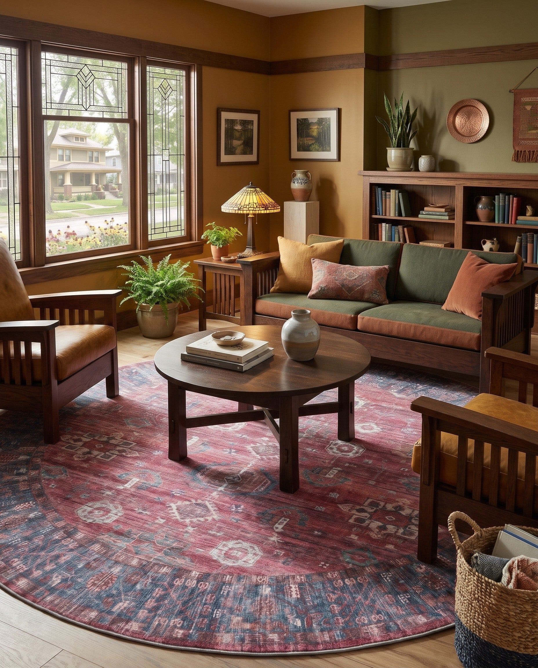 Antique Red Washable Maahru Round Rug