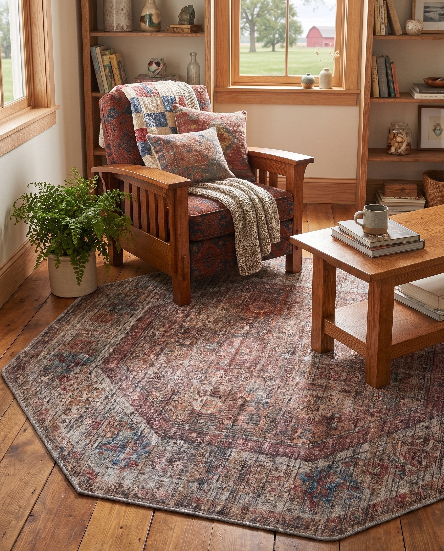 Rust Red and Brown Washable Nostalgia Octagon Rug