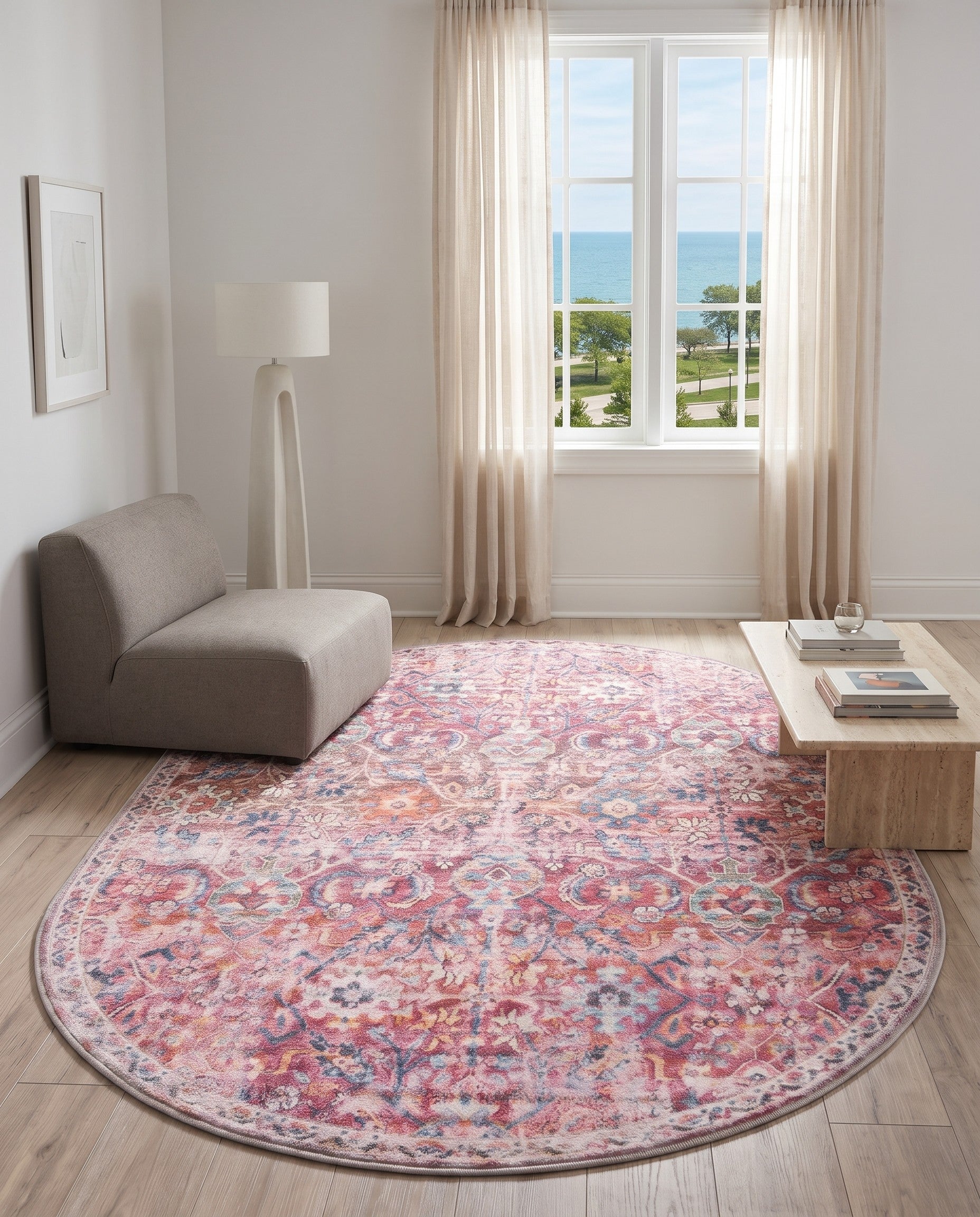 Ivory and Pink Washable Nostalgia Oval Rug
