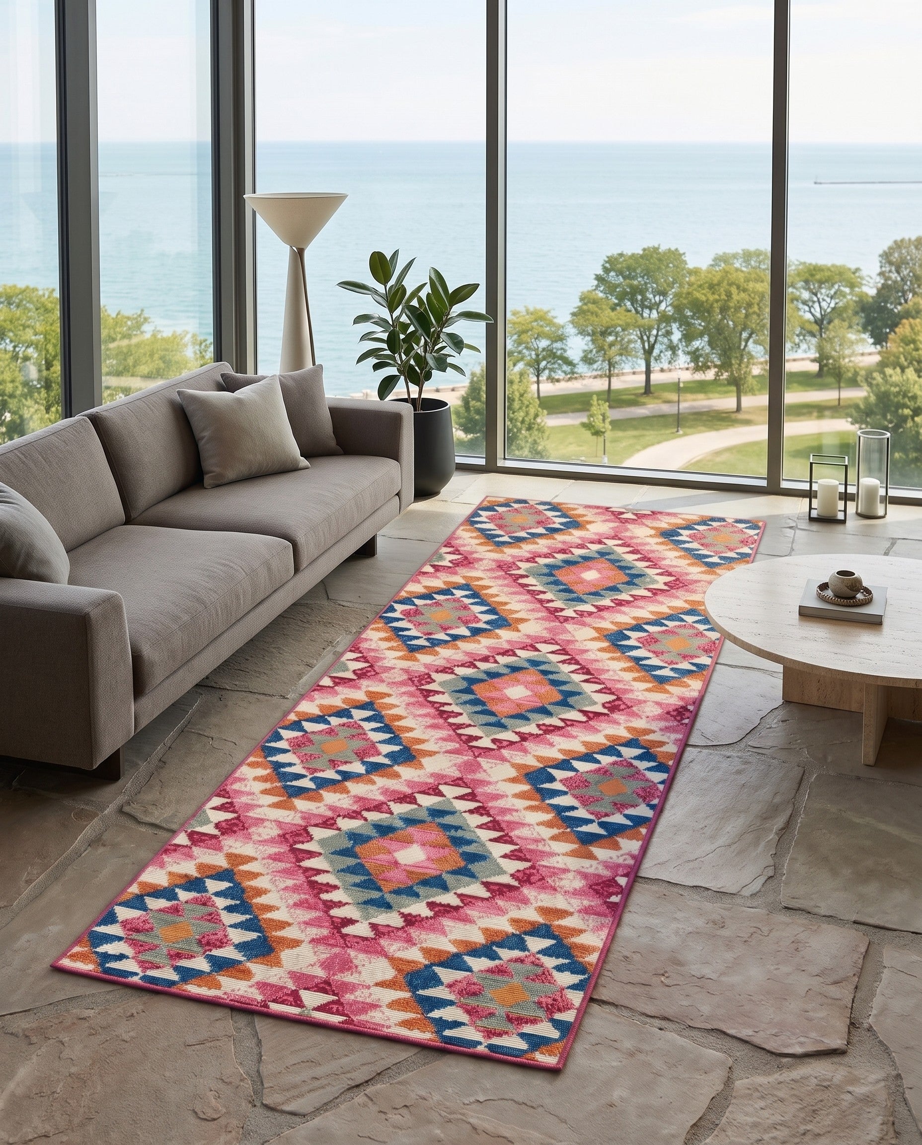 2' 7 x 5' 3 Easy-Clean Southwestern Indoor / Outdoor Runner Rug