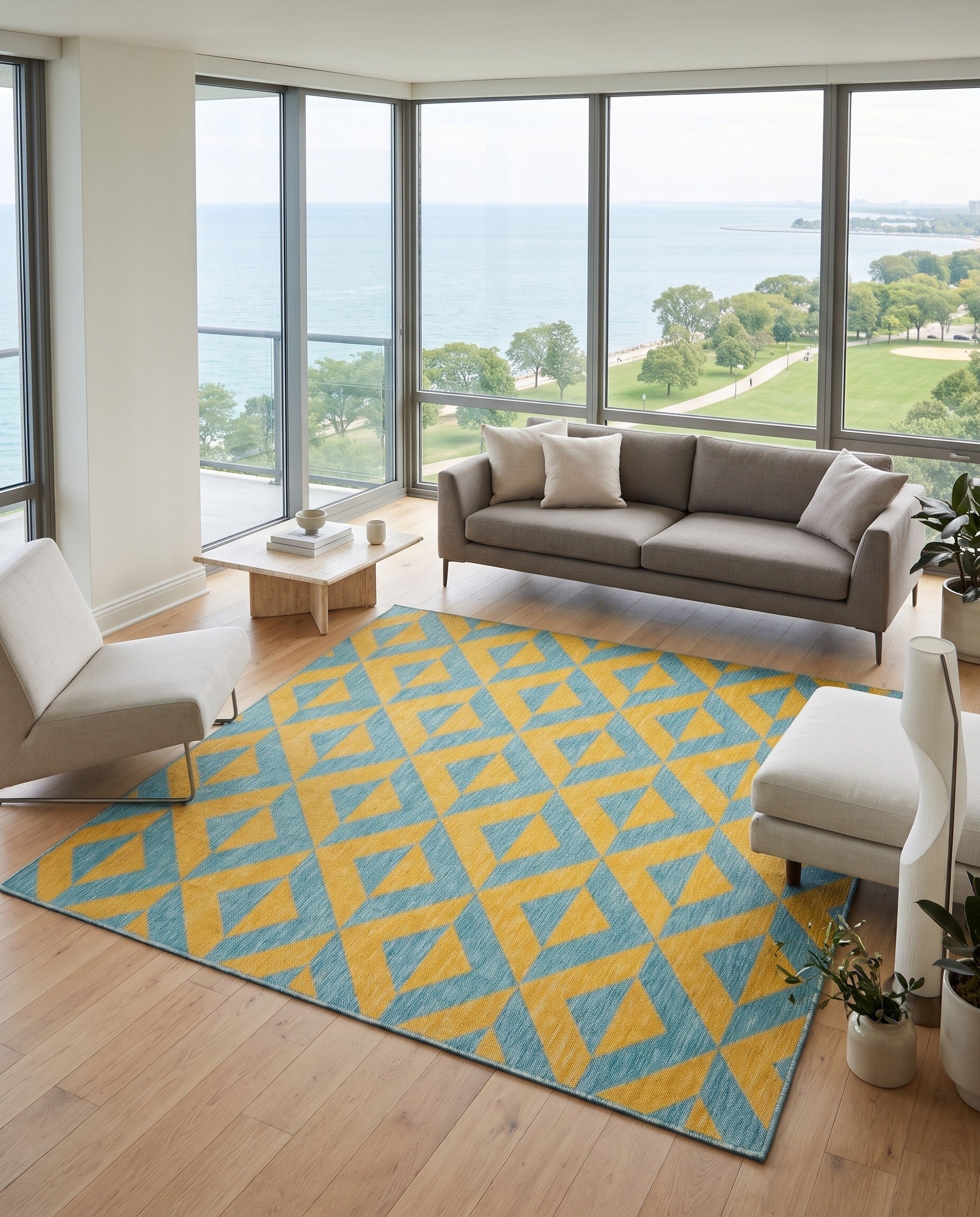 Yellow and Aqua Easy-Clean Jill Zarin Napa Indoor / Outdoor Square Rug