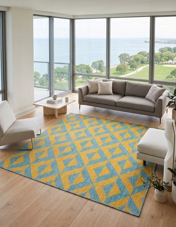 Yellow and Aqua Easy-Clean Jill Zarin Napa Indoor / Outdoor Square Rug