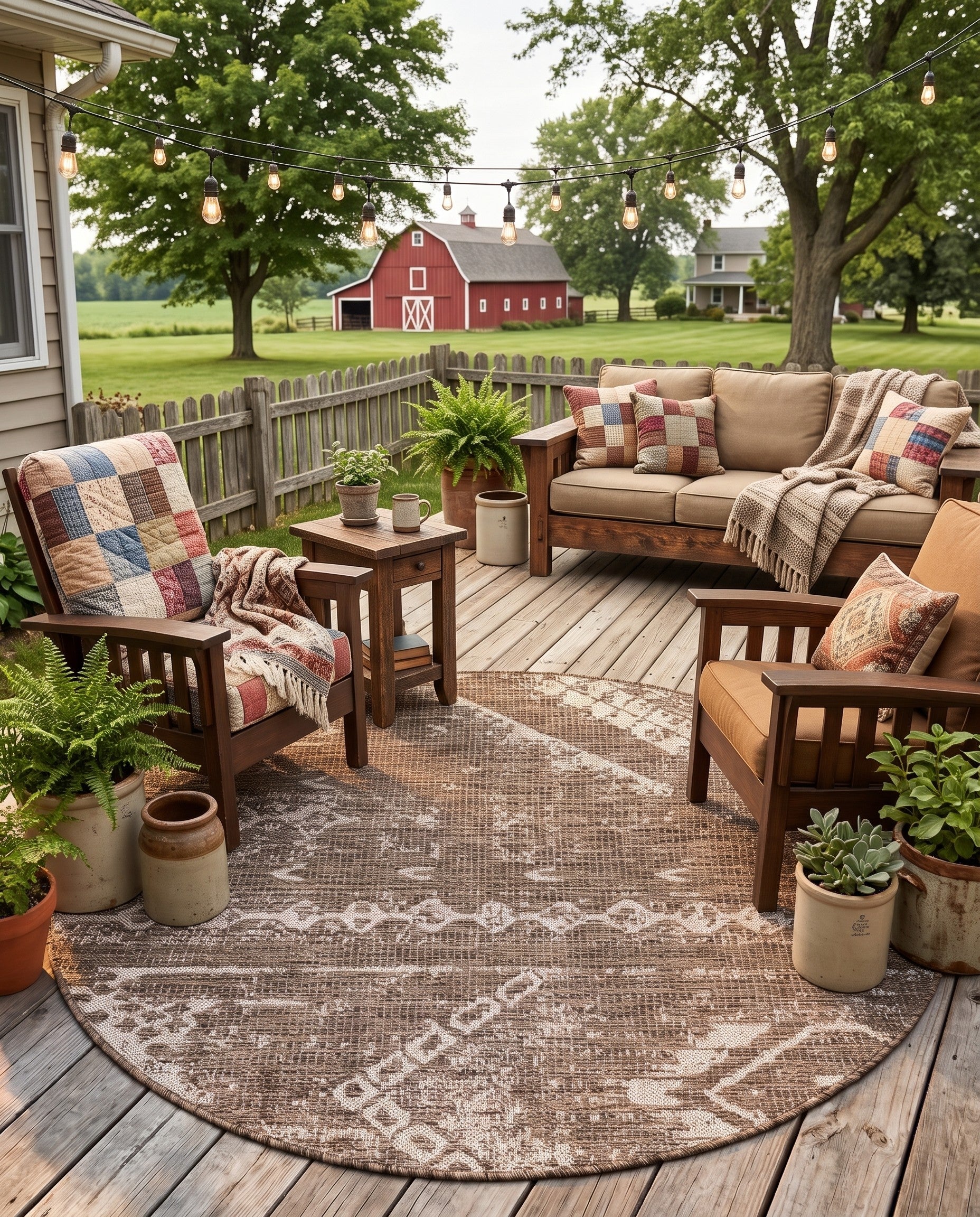 Brown Easy-Clean Bohemian Indoor / Outdoor Round Rug