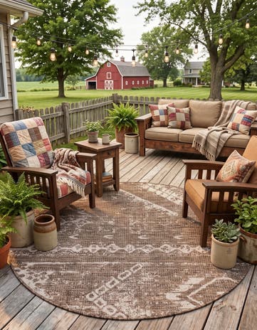 Brown Easy-Clean Bohemian Indoor / Outdoor Round Rug