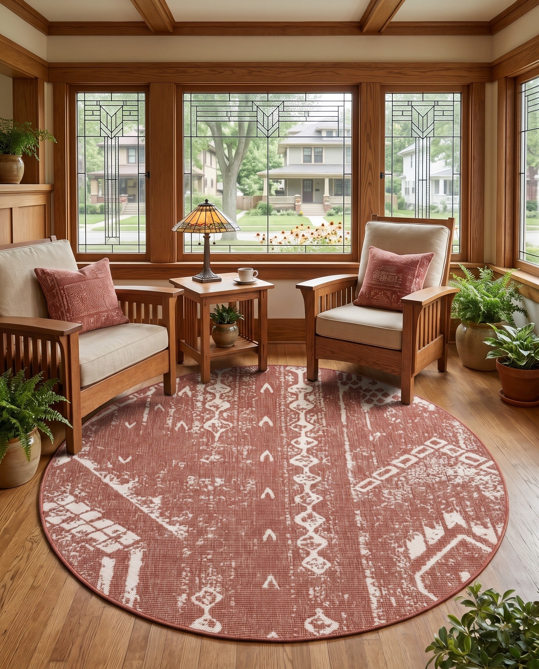 Rust Red Easy-Clean Bohemian Indoor / Outdoor Round Rug
