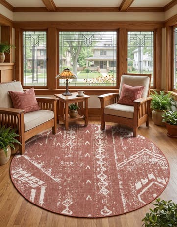 Rust Red Easy-Clean Bohemian Indoor / Outdoor Round Rug