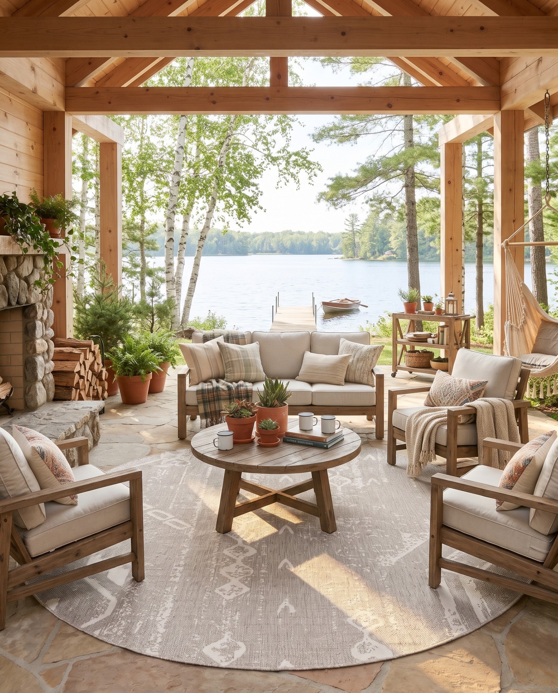Gray Easy-Clean Bohemian Indoor / Outdoor Round Rug