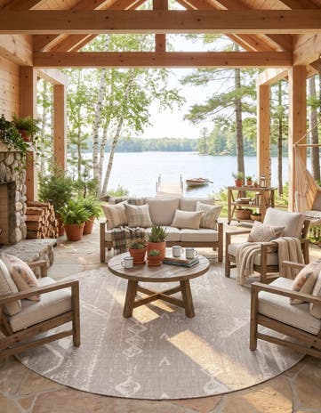 Gray Easy-Clean Bohemian Indoor / Outdoor Round Rug