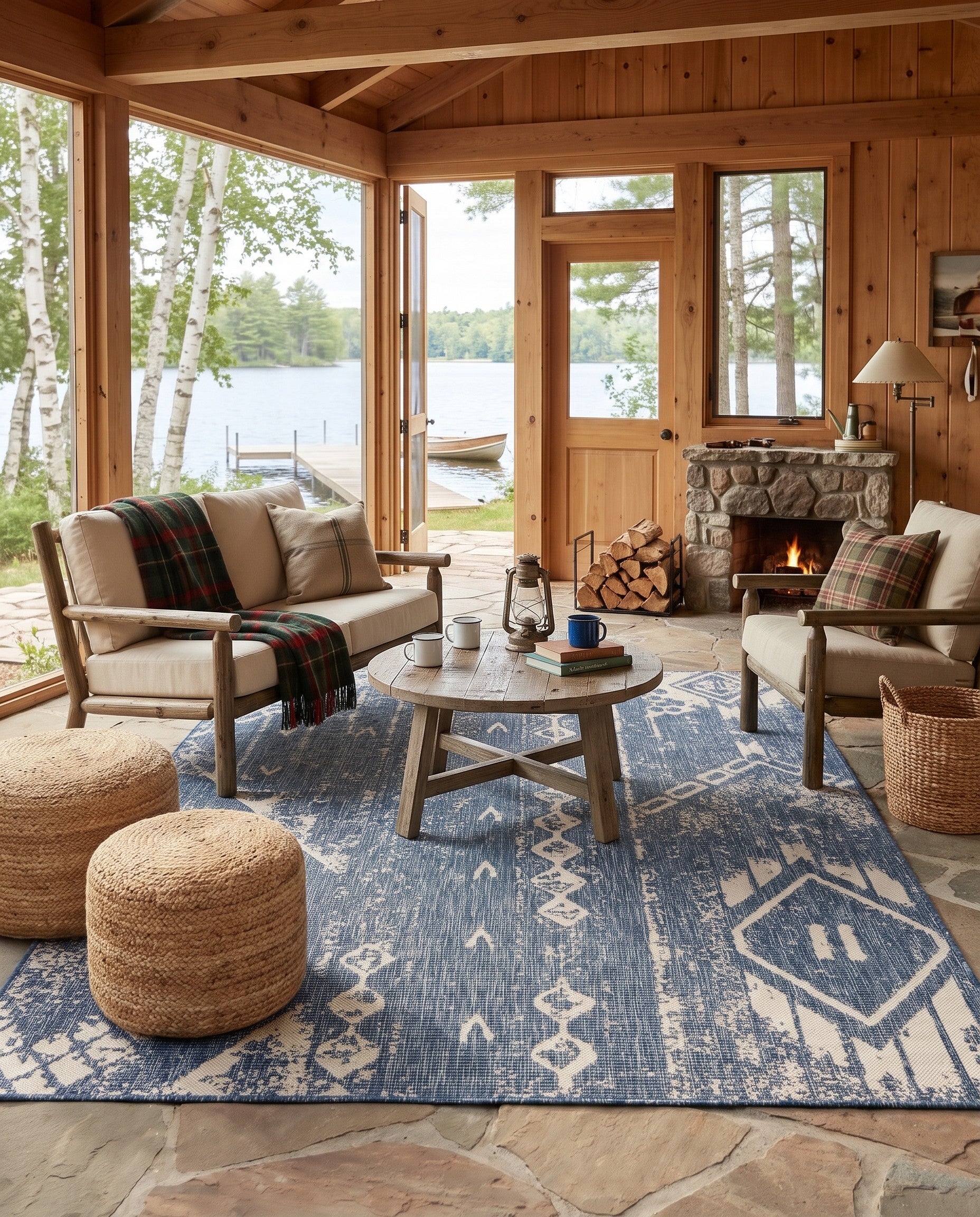 Blue Easy-Clean Bohemian Indoor / Outdoor Rug