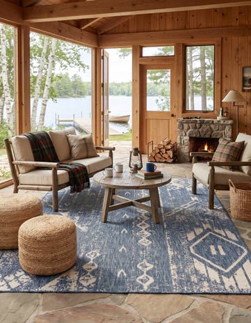 Blue Easy-Clean Bohemian Indoor / Outdoor Rug