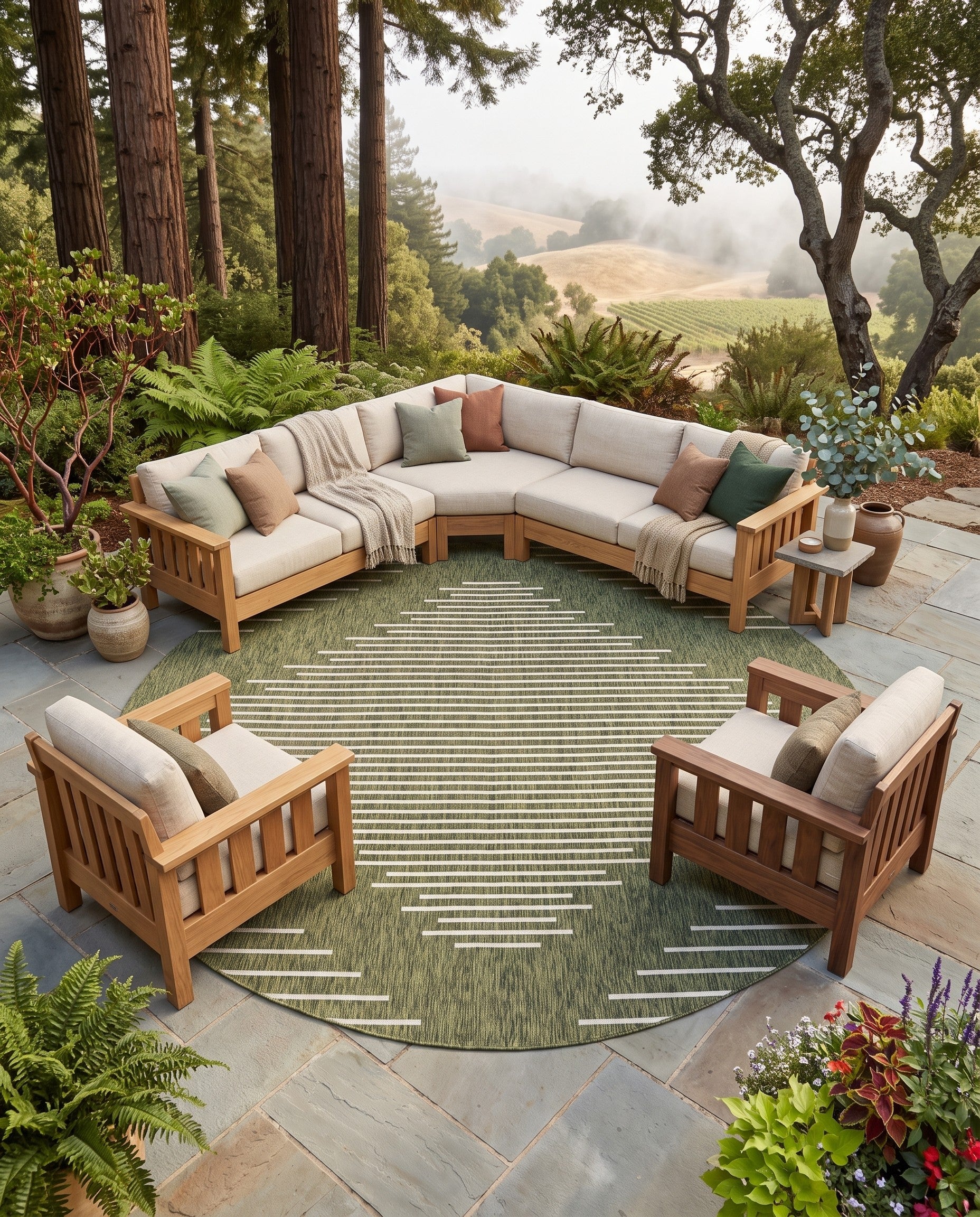 Green Easy-Clean Modern Indoor / Outdoor Round Rug