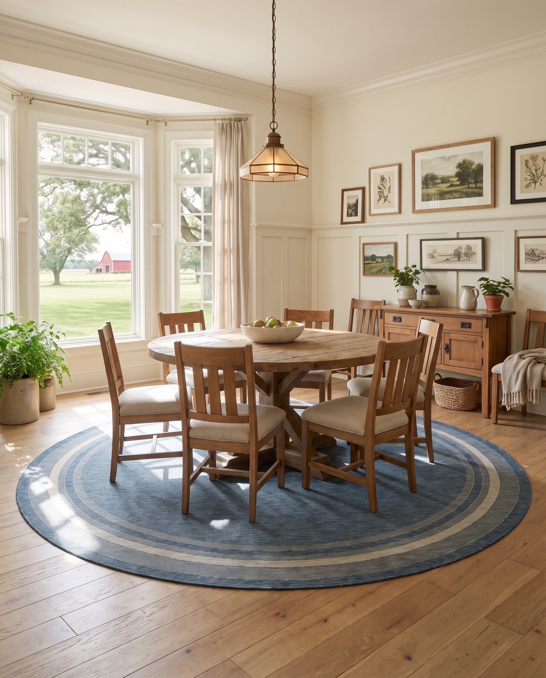 Blue Easy-Clean Border Indoor / Outdoor Round Rug