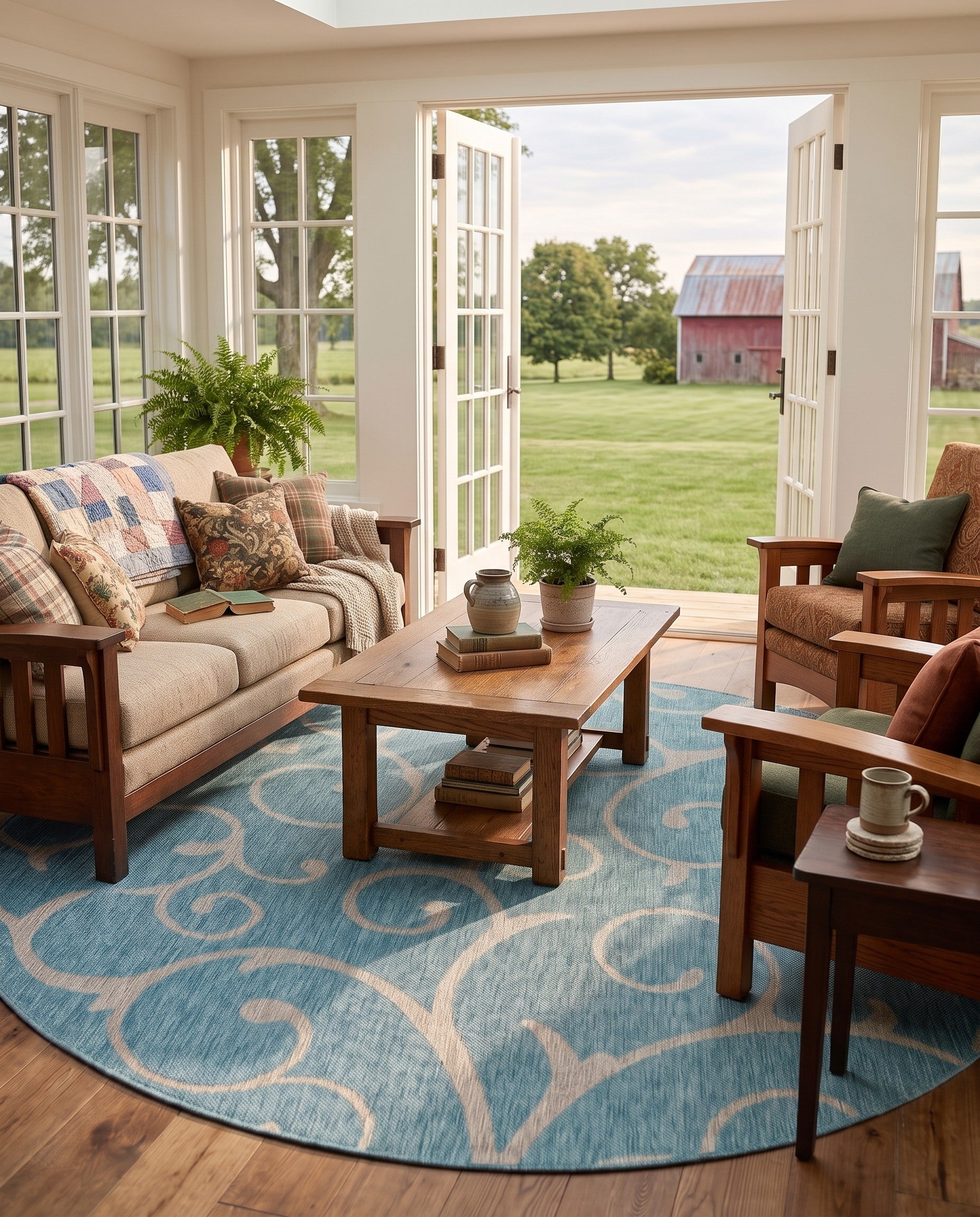 Light Aqua Easy-Clean Callahan Botanical Indoor / Outdoor Round Rug