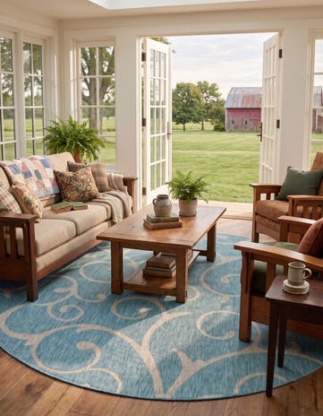 Light Aqua Easy-Clean Callahan Botanical Indoor / Outdoor Round Rug