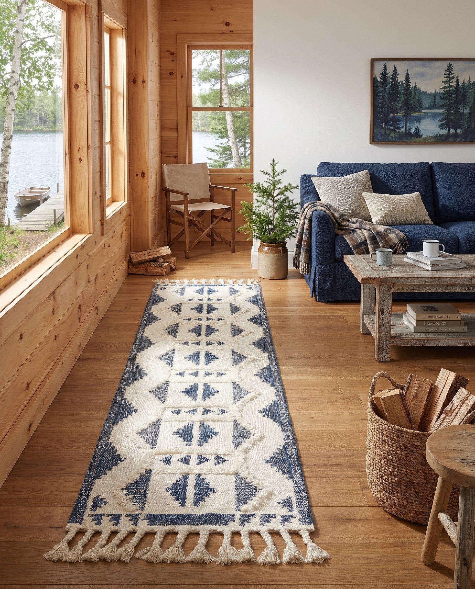 Navy Blue and White Hand Woven Arizona Wool Runner Rug