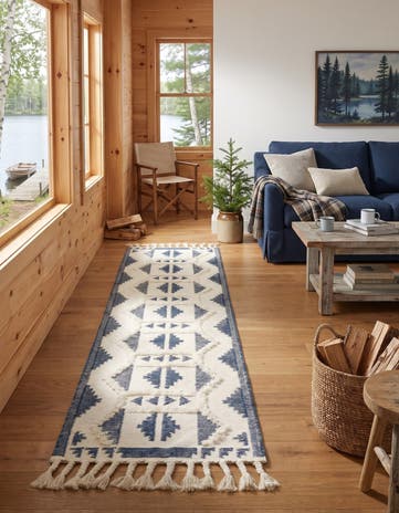 Navy Blue and White Hand Woven Arizona Wool Runner Rug
