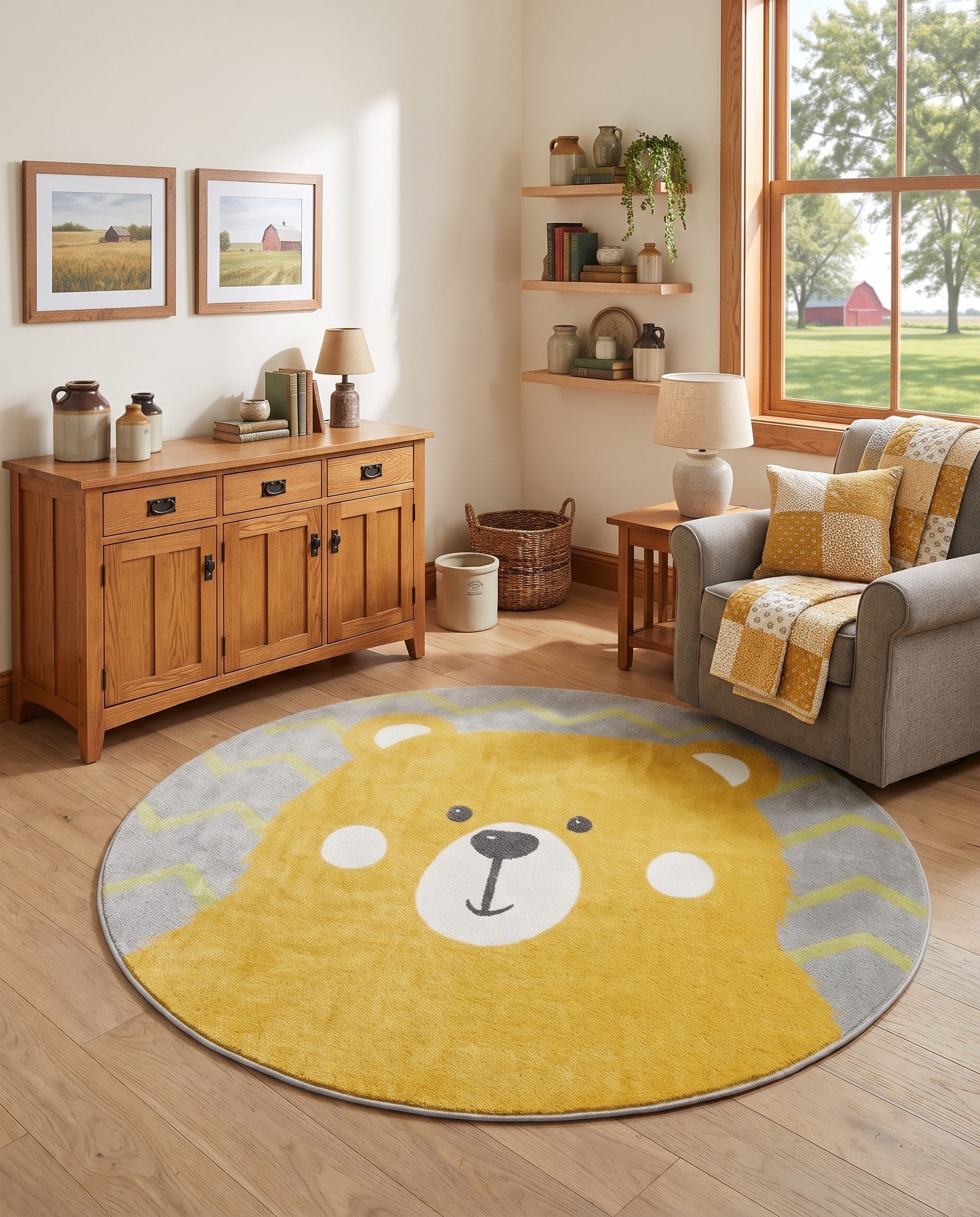 Yellow Bear Whimsy Kids Round Rug