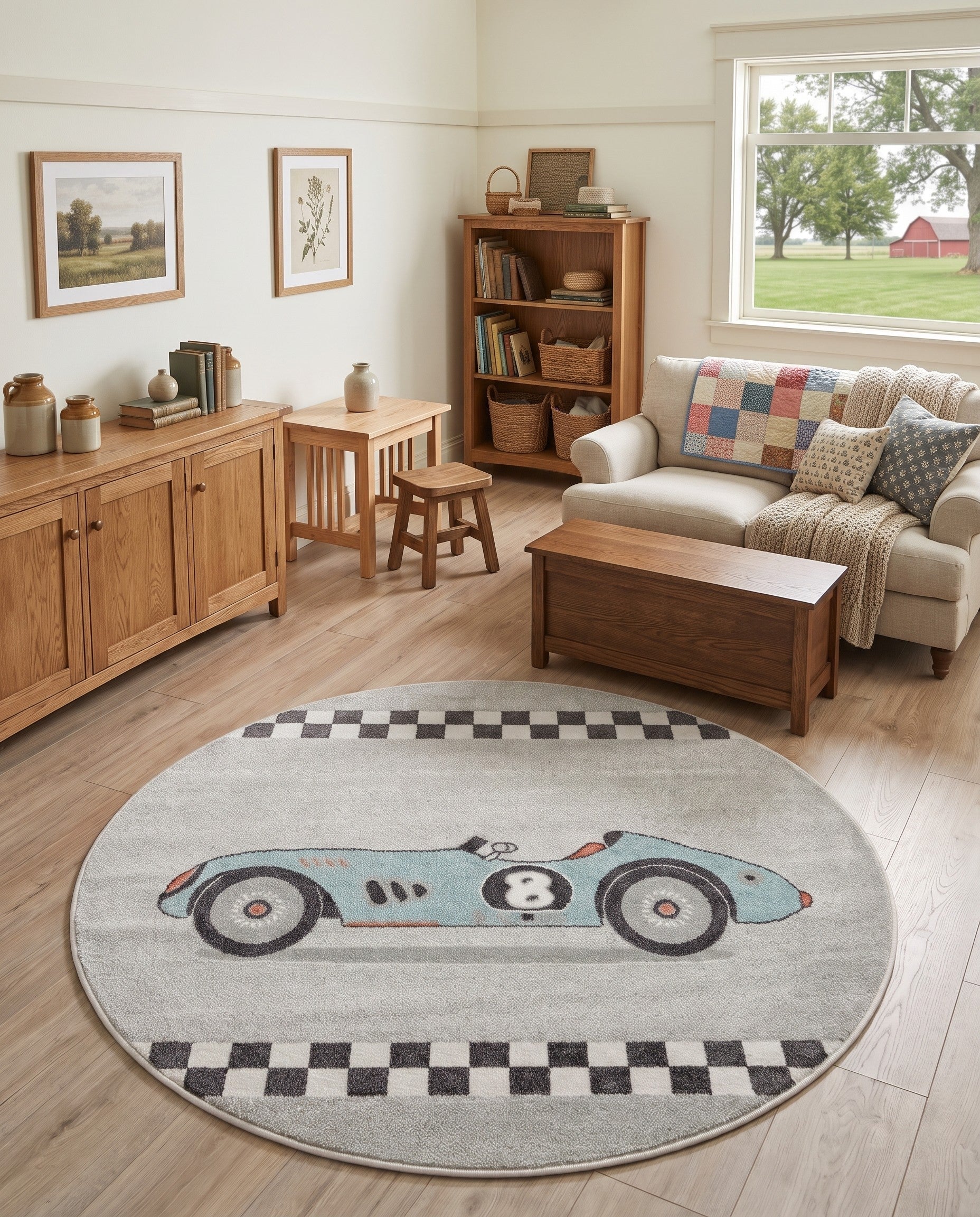 Gray Racecar Whimsy Kids Round Rug