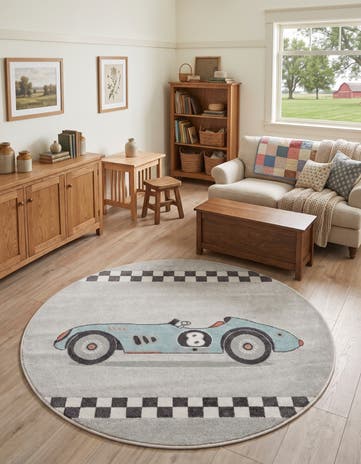 Gray Racecar Whimsy Kids Round Rug