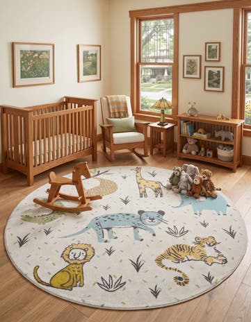 Ivory Animals Whimsy Kids Round Rug