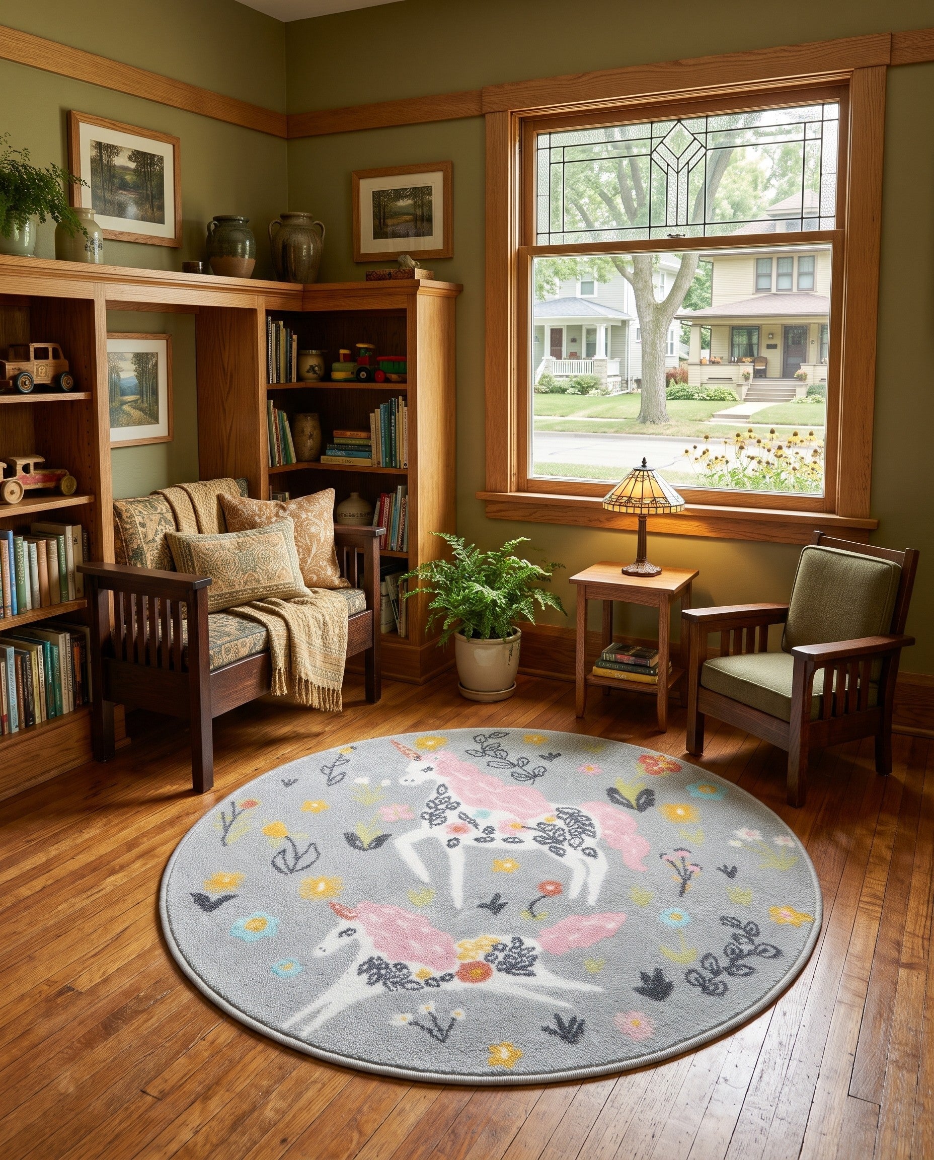 Gray Unicorns Whimsy Kids Round Rug
