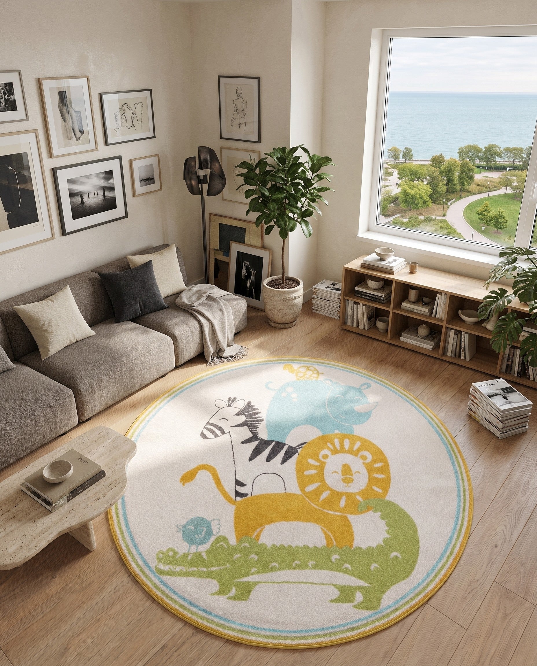 Ivory Animals Whimsy Kids Round Rug