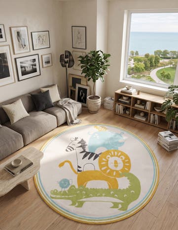 Ivory Animals Whimsy Kids Round Rug