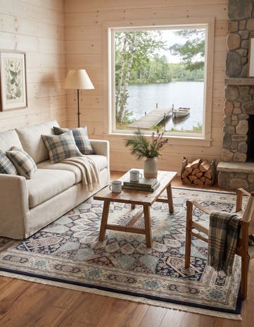 Navy Blue Nain Design Square Rug
