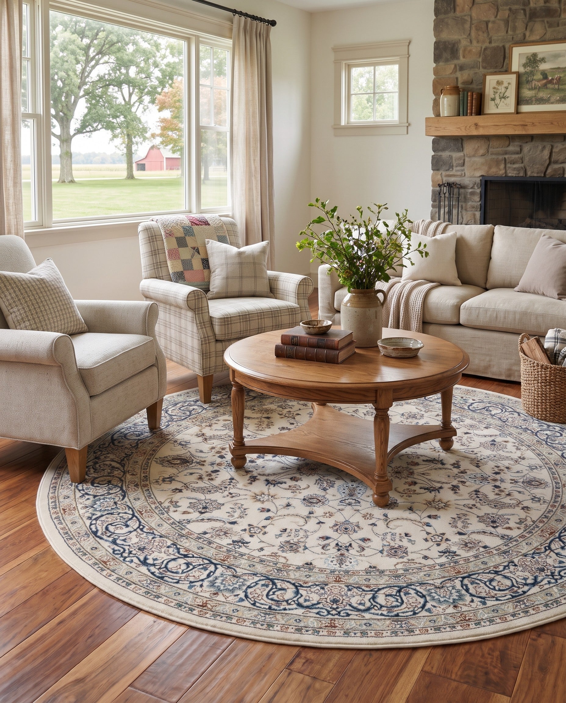 Ivory Nain Design Round Rug