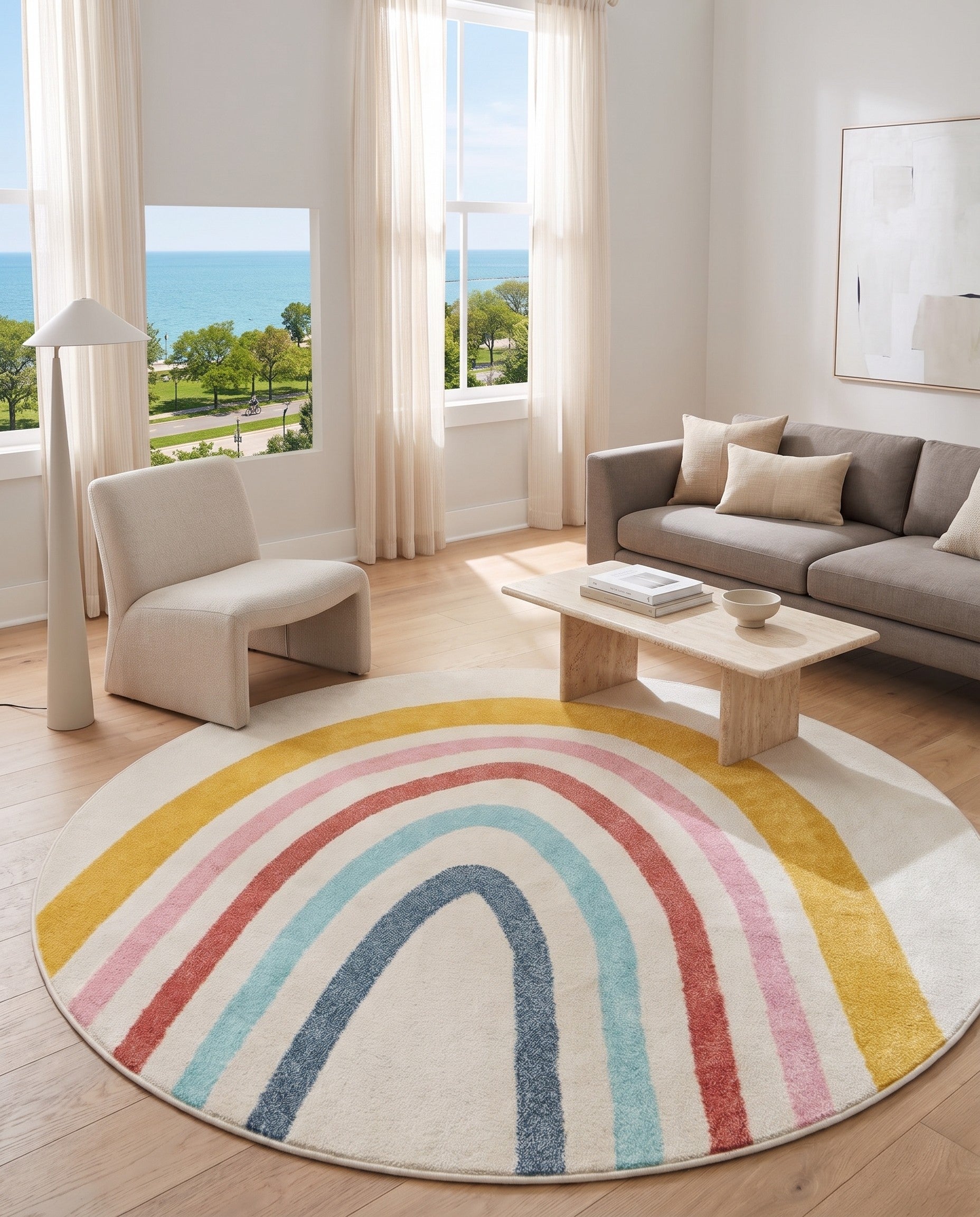 Ivory Rainbow Whimsy Kids Round Rug
