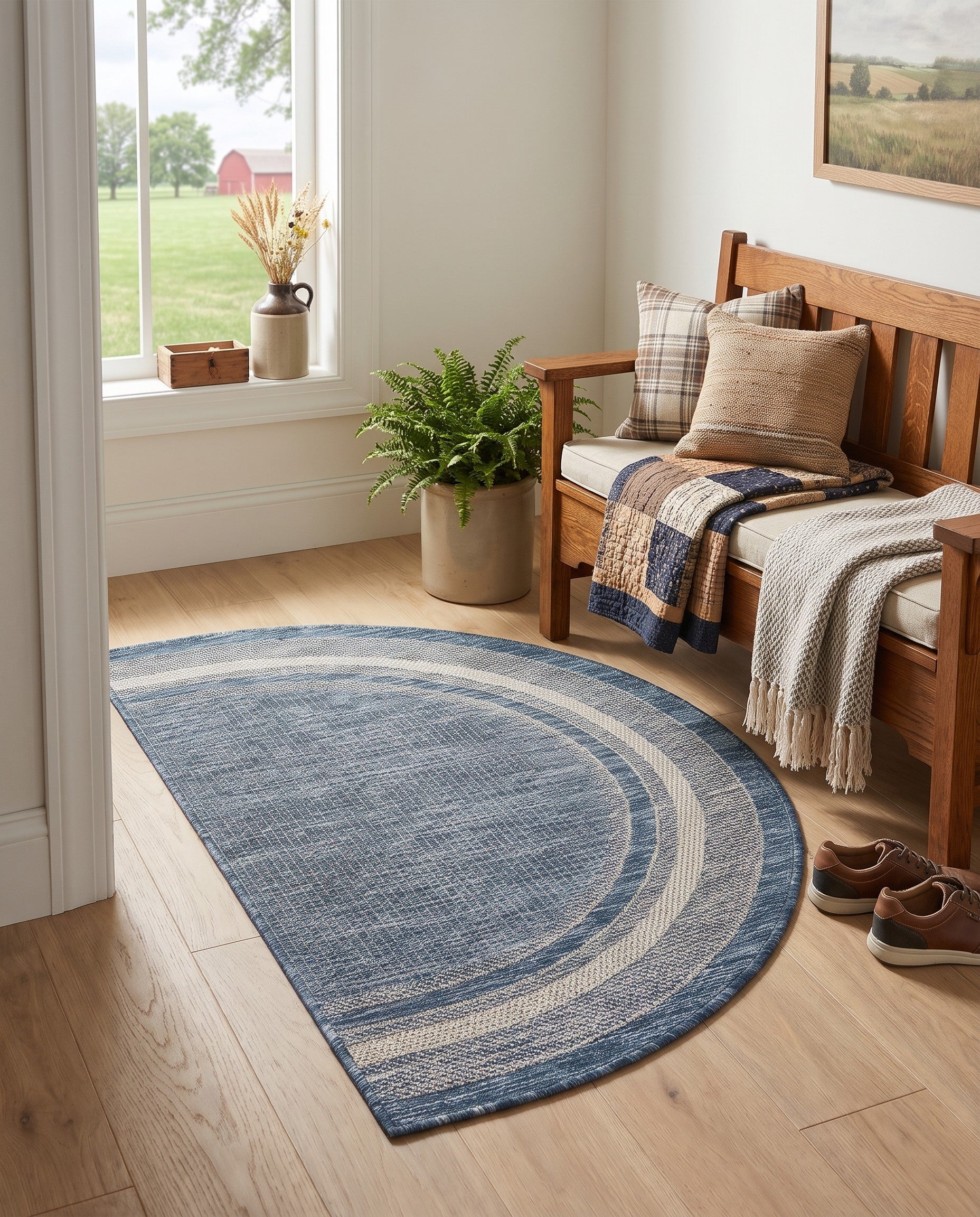 Blue Easy-Clean Border Indoor / Outdoor Hearth Rug