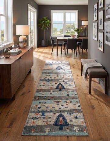 Ivory Gray Blue Washable Vivid Runner Rug