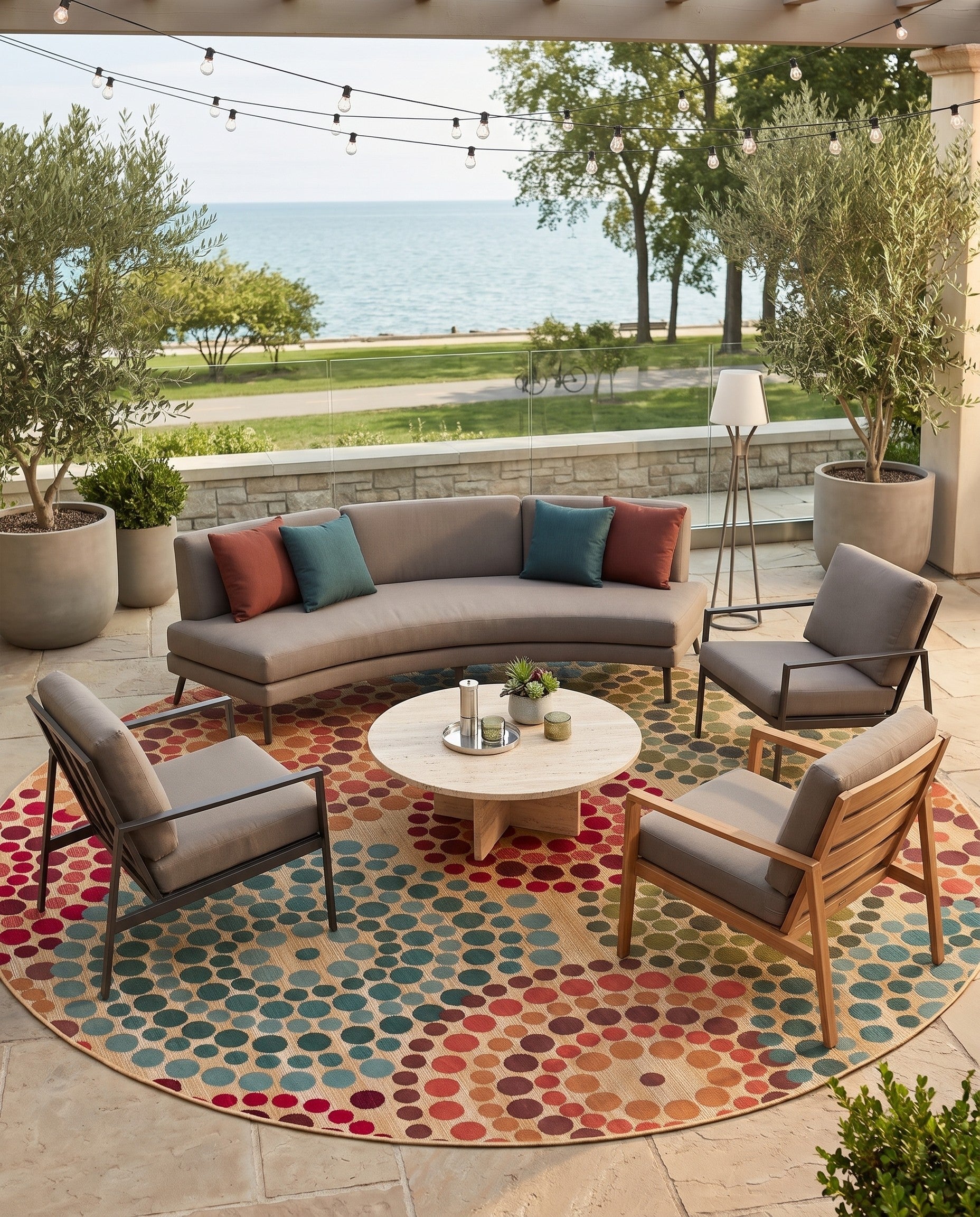 Beige Easy-Clean Modern Indoor / Outdoor Round Rug