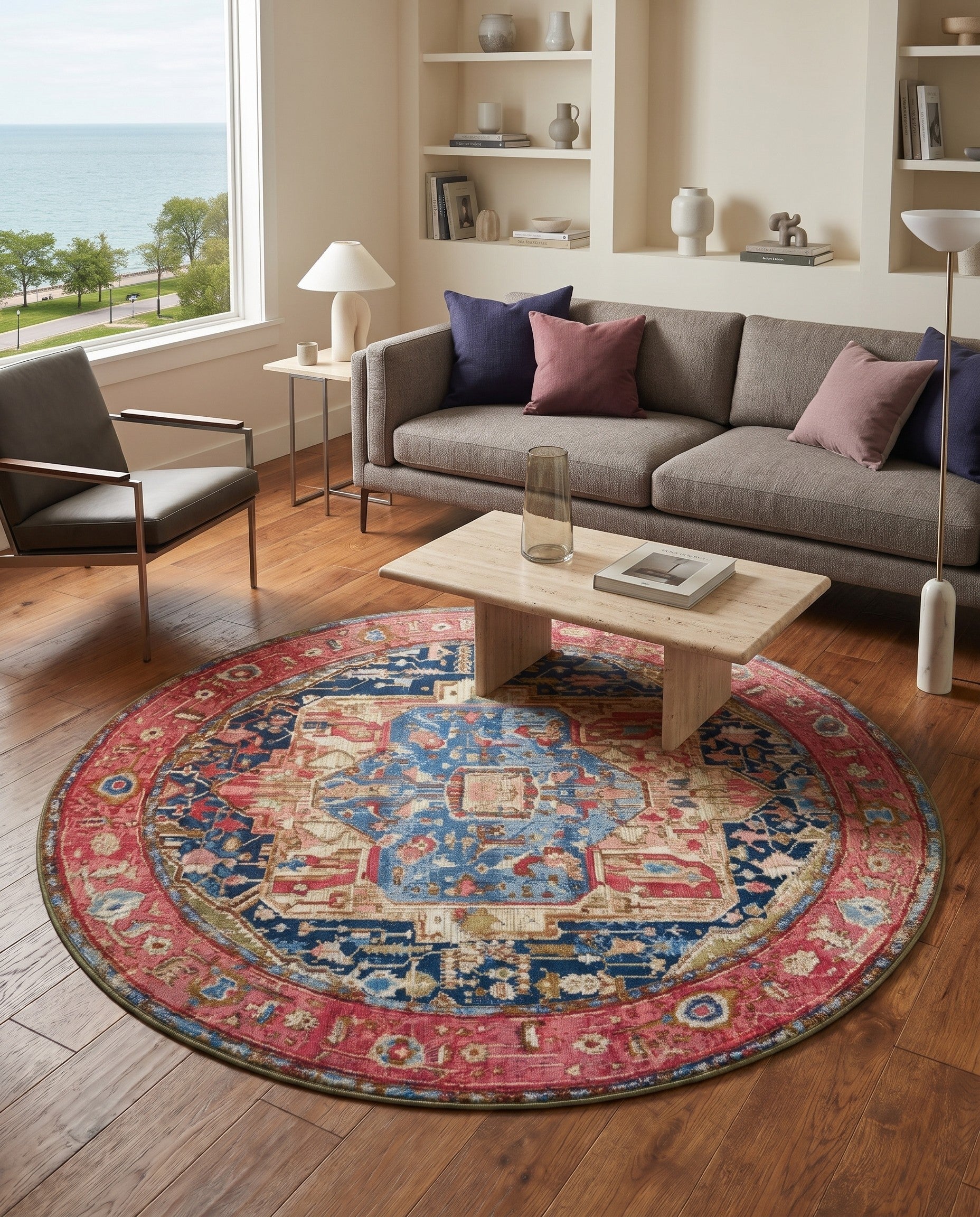 7' x 7' Easy-Clean Traditional Indoor / Outdoor Round Rug