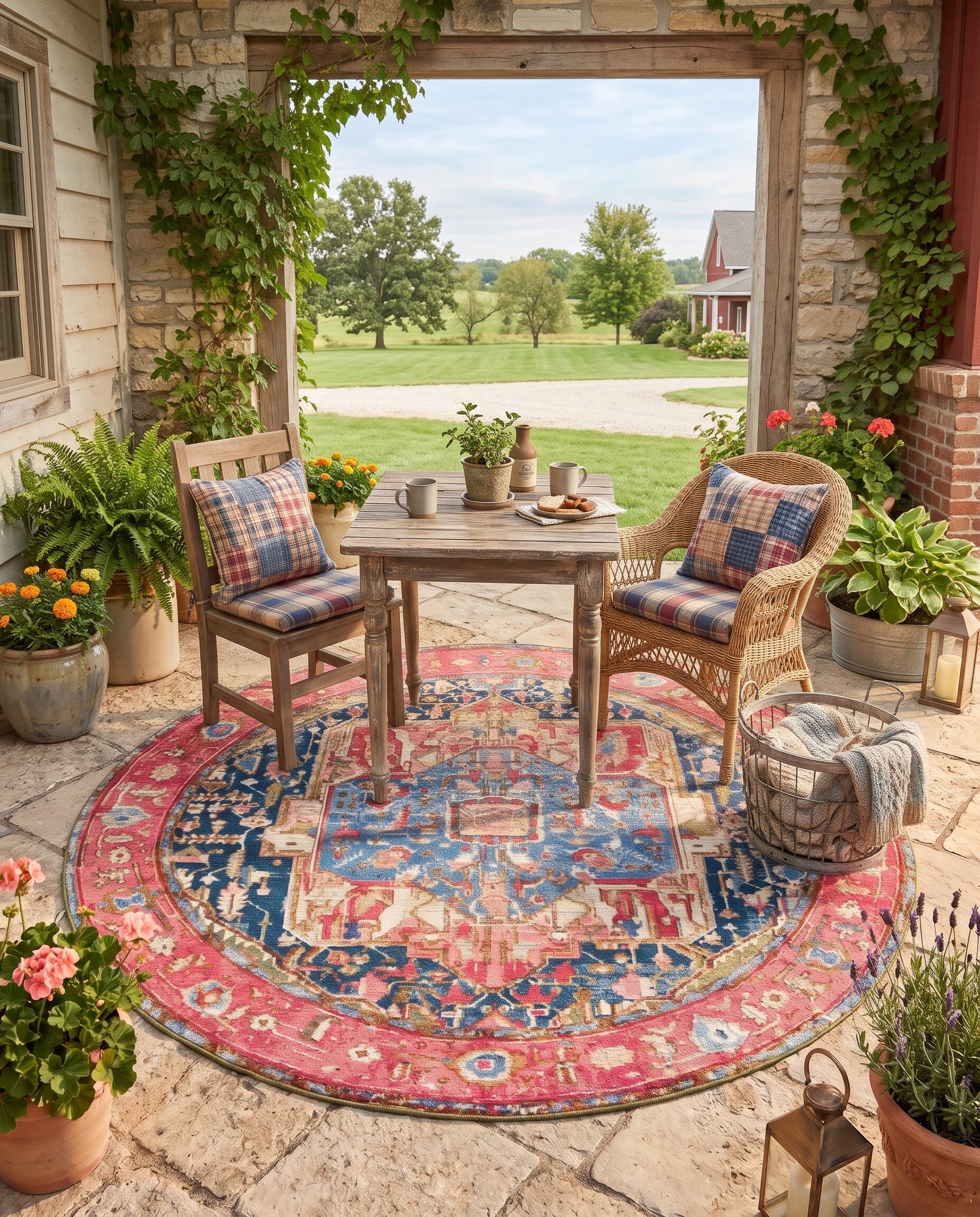 7' x 7' Easy-Clean Traditional Indoor / Outdoor Round Rug