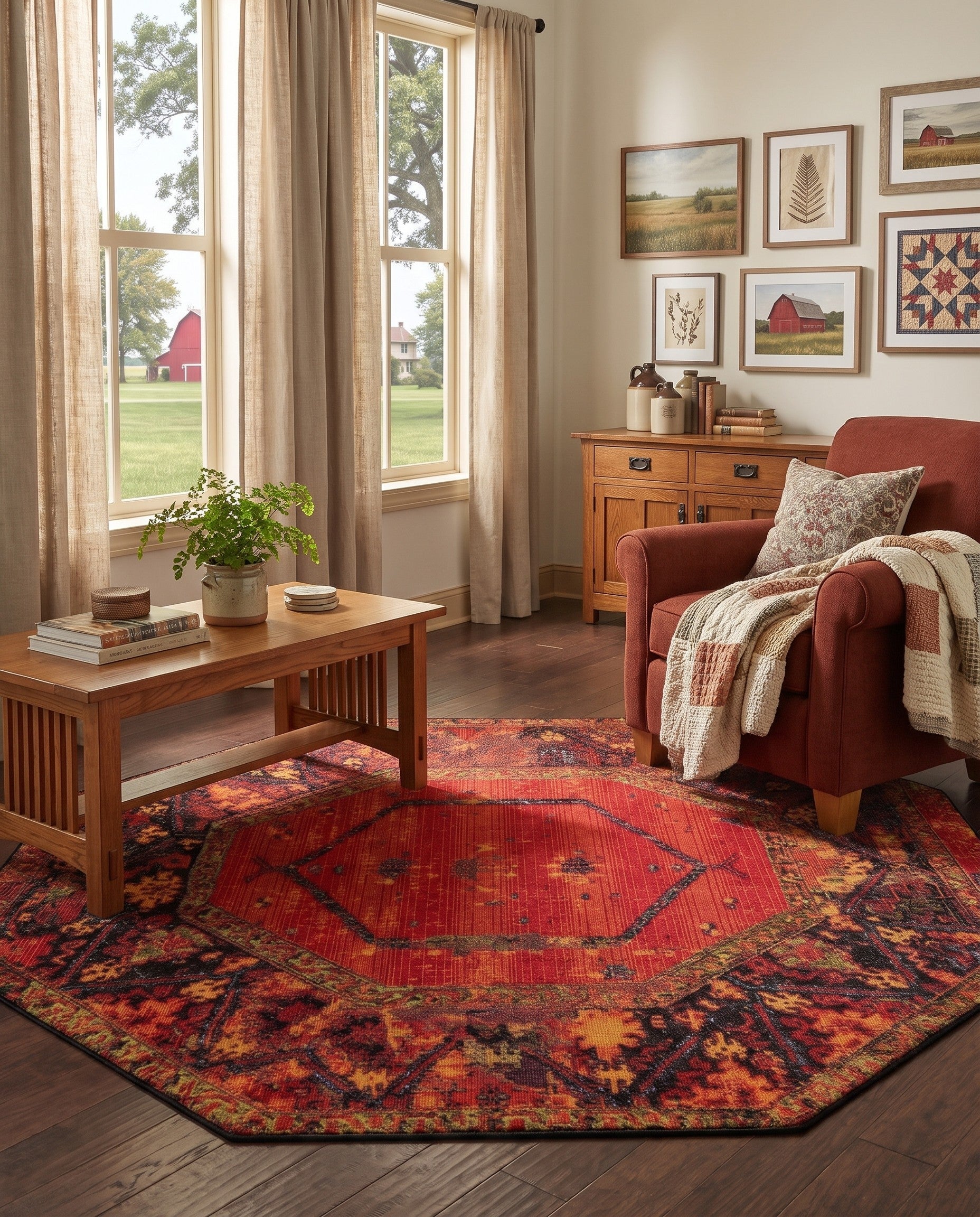 5' 3 x 5' 3 Easy-Clean Tribal Indoor / Outdoor Octagon Rug