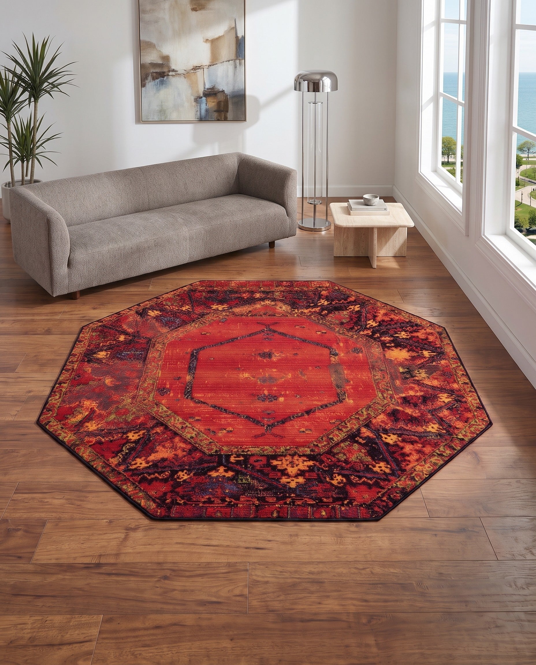 5' 3 x 5' 3 Easy-Clean Tribal Indoor / Outdoor Octagon Rug