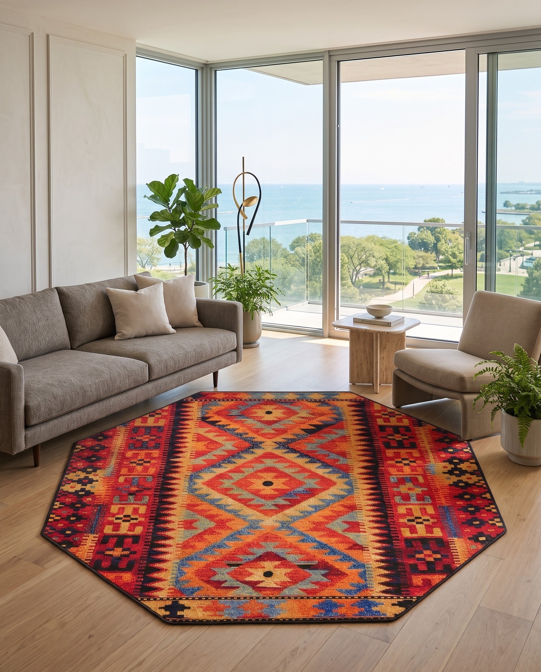 5' 3 x 5' 3 Easy-Clean Tribal Indoor / Outdoor Octagon Rug