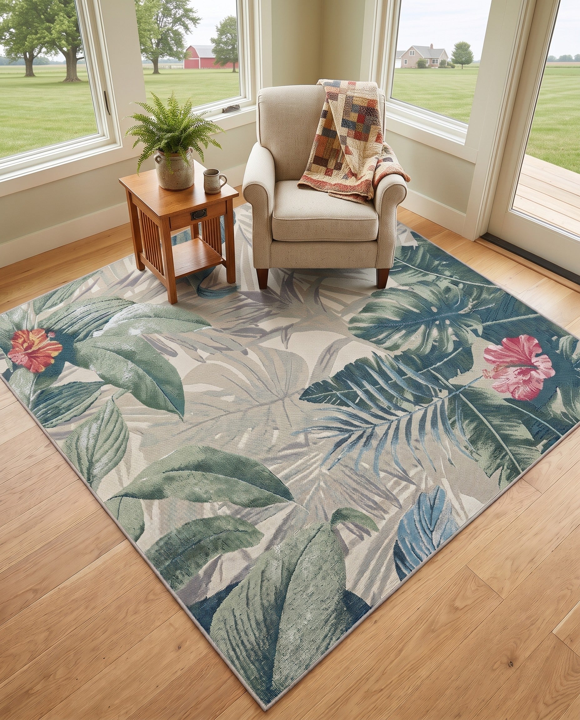 5' 3 x 5' 3 Easy-Clean Rafferty Botanical Indoor / Outdoor Square Rug