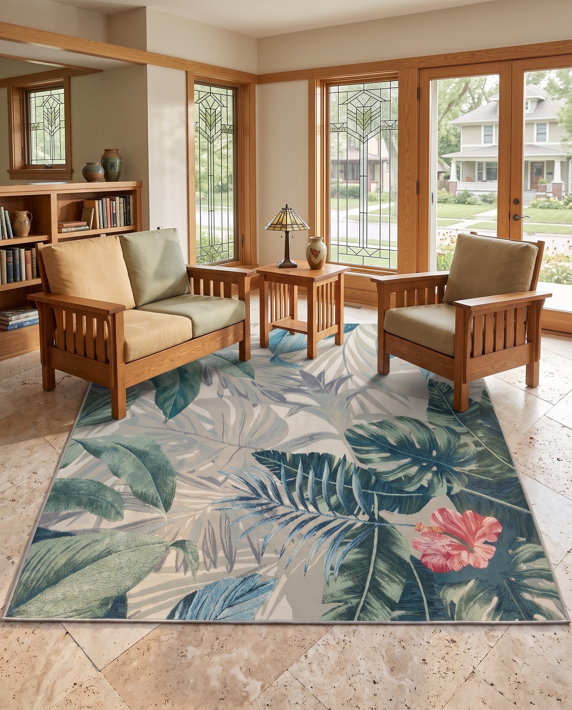 5' 3 x 5' 3 Easy-Clean Rafferty Botanical Indoor / Outdoor Square Rug